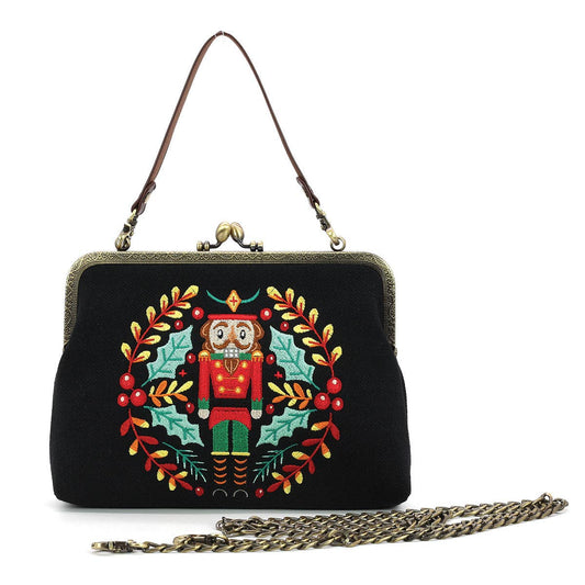 Nutcracker Kiss Lock Bag in Linen Cotton Blend